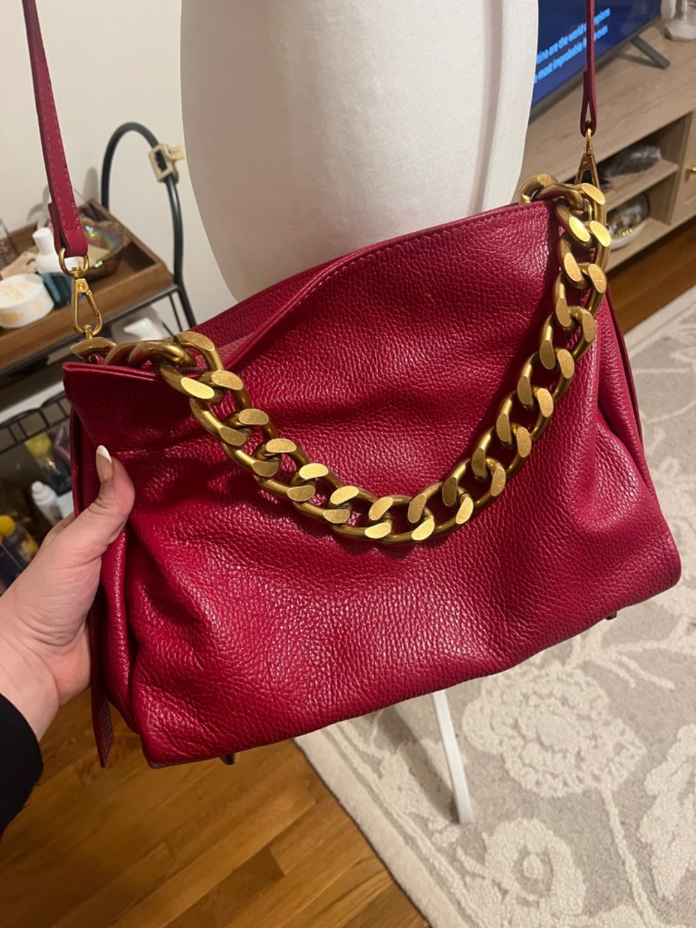 Women's Red Italian Leather Shoulder Bag with Gold Chain